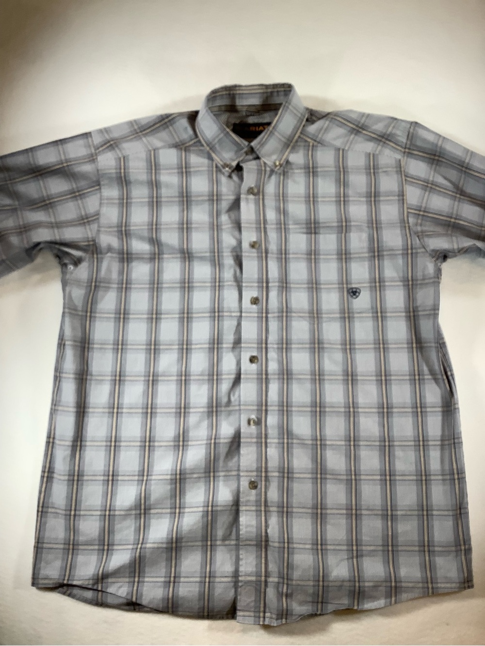 Ariat Light Gray Plaid Button-Down Shirt with Blue and Tan Stripes